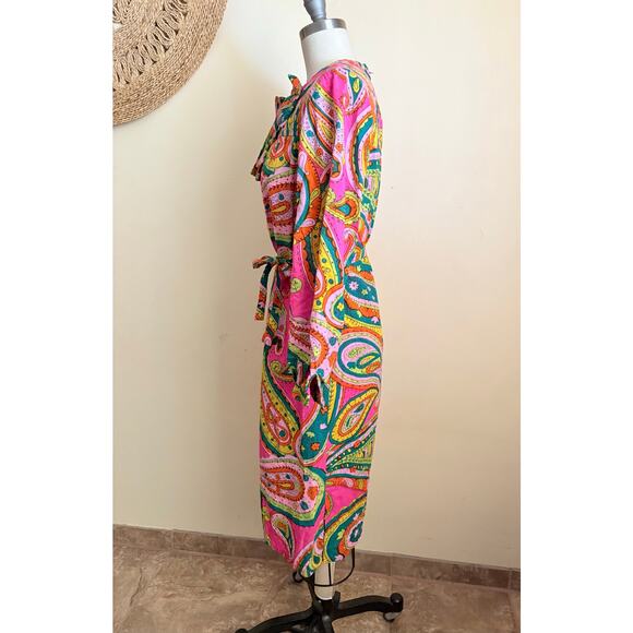 VTG  60s Johnnye Pink Paisley Bow Tie Midi Dress Long Sleeve Mod Boho Retro S - Picture 5 of 6